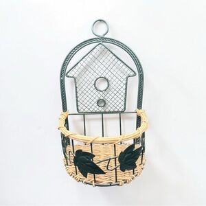 Wicker & Metal Wall Pocket Basket or Free Standing Decor W/Birdhouse & Ivy Leaf